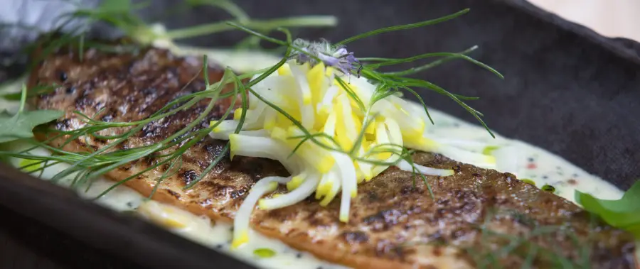 Kuva reseptistä Viikko 29/2022 - Simo Harrivaara | Sanchome: OSTERI & SAINBAIZU-DRESSING, HIBACHI-GRILLATTUA NIERIÄÄ & DASHI BEURRE BLANC, YUZU-JUUSTOKAKKU